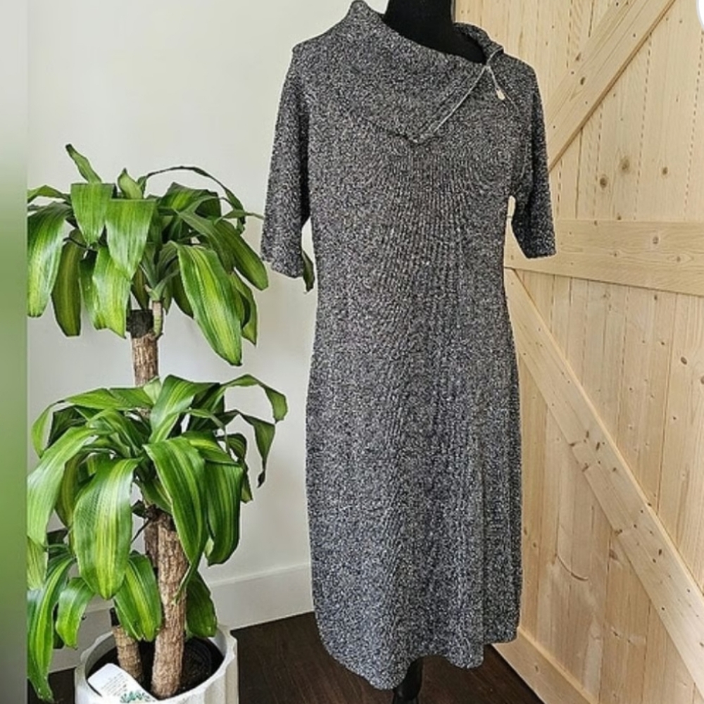 Calvin Klein Black & Silver Knit Midi Dress Versatile Zip Collar Glittery Sz.1X